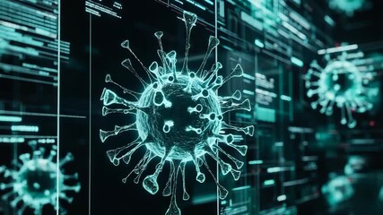 Coronavirus rotating on digital display showing medical analysis data visualization - Powered by Adobe