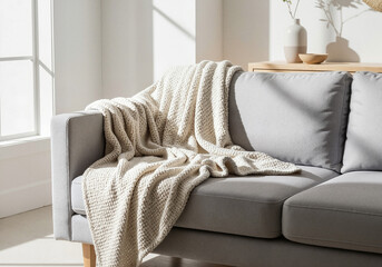 Cozy sofa with knitted blanket in sunlight photorealistic home interior for lifestyle blog and furniture marketing banner