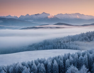Fototapeta premium A sunrise in the white mountains in the winter season. A winter landscape with snow-covered mountains.