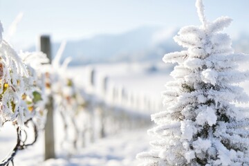 Fototapeta premium Frost-covered vineyard with snowy pine tree in winter landscape under clear blue sky