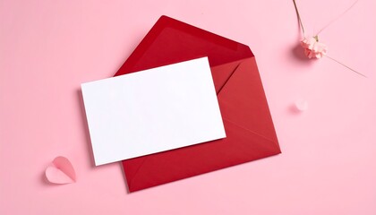 A flat lay composition featuring a red open envelope with a blank white card inside, set against a pink background. Delicate pink paper heart and flower blooms complete the setup