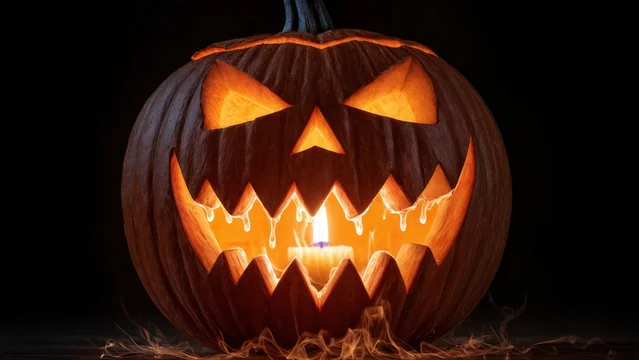 Flickering Candle Flame Inside Carved Jack O Lantern Face