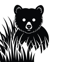 Photorealistic brown bear cub peeking from behind a mossy log, shallow depth of field, soft bokeh forest background.