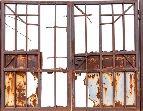 Rusty Metal Gate with Missing Sections on Transparent Background