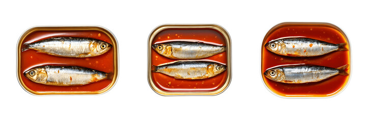 Set For cans of sardines in tomato sauce isolated on transparent background