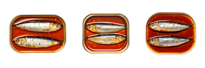 Set For cans of sardines in tomato sauce isolated on transparent background