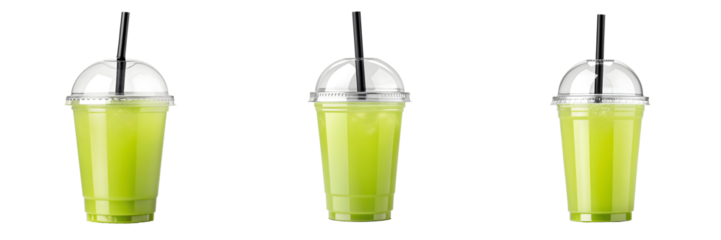 Set For Three green smoothies in clear plastic cups isolated on transparent background