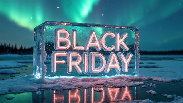 Glowing black friday neon sign in winter landscape with aurora borealis - Powered by Adobe