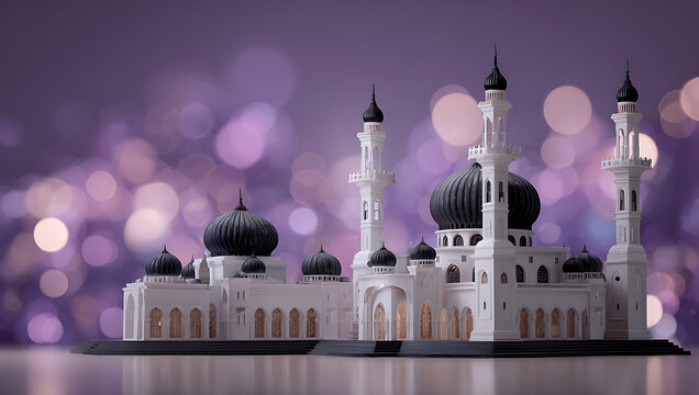 Fototapeta 3D render of a white mosque with black domes and bokeh