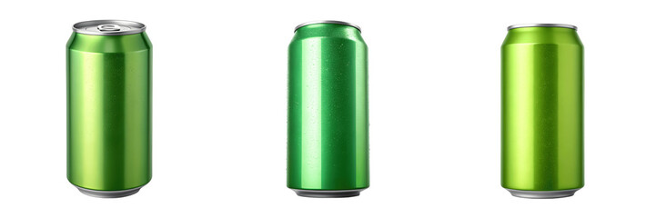 Obraz premium Set For Three green aluminum soda cans isolated on transparent background