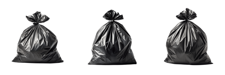 Set For Three black garbage bags isolated on transparent background sit