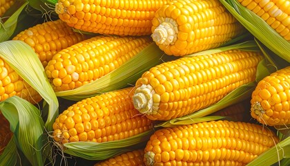 Fresh sweet corn harvest close up, showing vibrant yellow kernels and green husks, perfect for healthy eating and farm-to-table concepts.