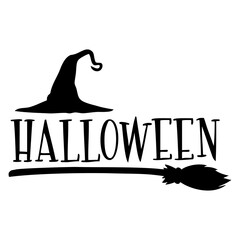 Logo con silueta de sombrero y escoba de bruja en palabra Halloween para su uso en invitaciones y tarjetas © teracreonte