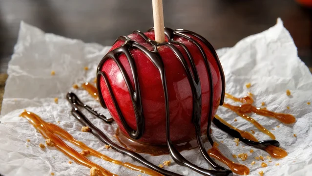 Caramel Apple with Dark Chocolate Drizzle and Wooden Stick