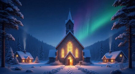 Winter Northern Lights Above a Snowy Village Church