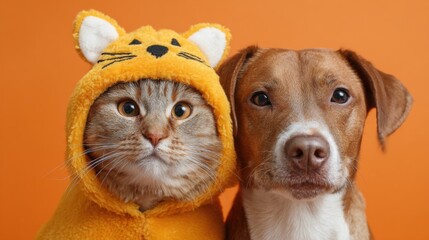 A playful cat dressed in a lion costume sits beside a friendly dog. The bright orange background adds a cheerful touch, highlighting their adorable expressions and bond.