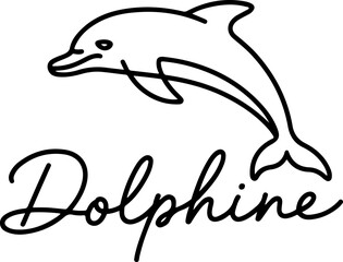 Dolphin depicted in continuous line art with elegant script lettering, vector graphic design