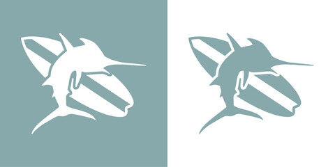 Logo club de surf. Silueta de pez espada con tabla de surf	