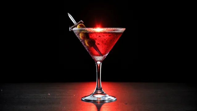Spooky Bloody Martini with Olive Speared by Miniature Dagger