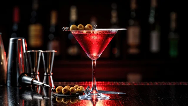 Elegant Red Halloween Cocktail with Condensation on Glass