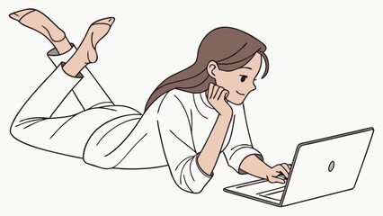 Woman working on laptop relaxed pose comfortable home office freelance remote work digital nomad.