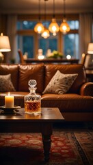 Whiskey decanter and candle on a table in a cozy living room with warm lighting