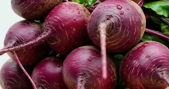 Freshly harvested purple beets with green leaves