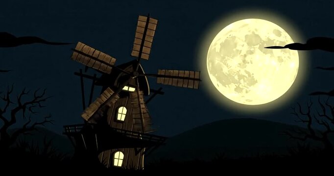 Spooky windmill under a full moon at night.