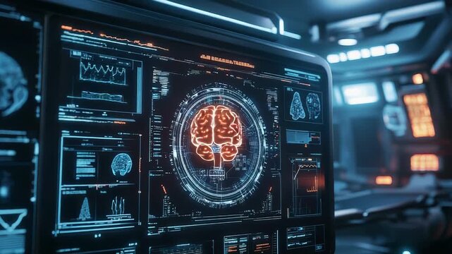 Futuristic interface displaying brain analysis in a high tech laboratory