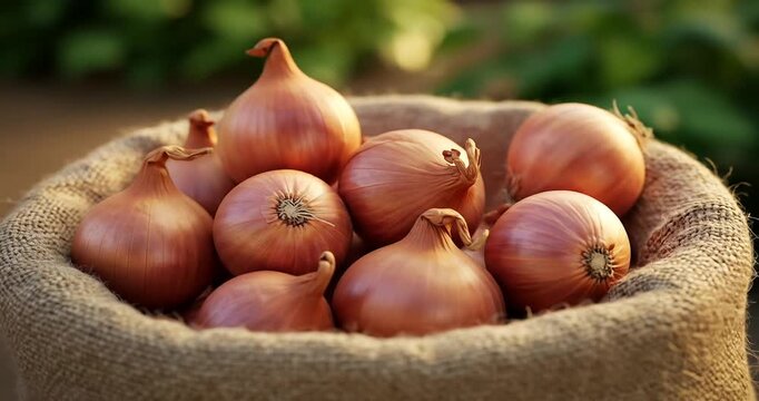 Freshly harvested shallots in a rustic basket outdoors