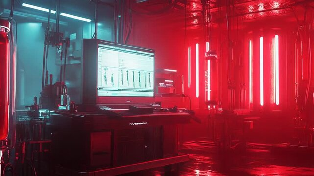Futuristic laboratory showing genetic experiment with red liquid and computer interface