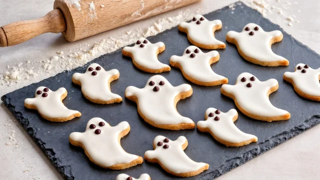 Sweet Halloween Treats with Iced Ghost Cookies and Flour Background