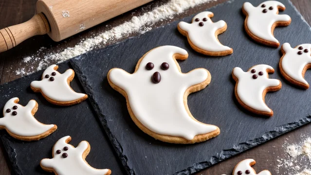 Ghost-Shaped Sugar Cookies on Baking Sheet with Rustic Style