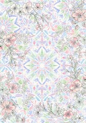 Gentle floral kaleidoscope pattern with pastel hues offers a calming visual experience and evokes serenity through its