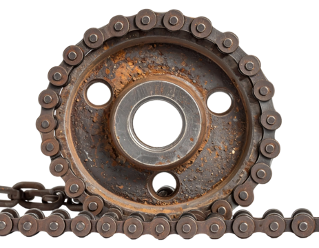Rusty Metal Chain and Sprocket on Black Background
