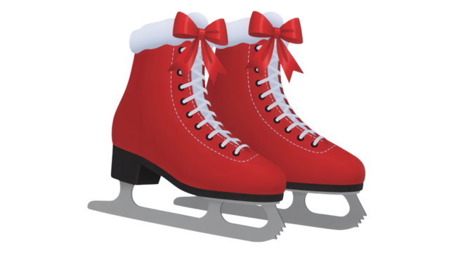 Festive red ice skates adorned with charming bows and plush white trim evoke the joy and magic of winter sports and holiday celebrations