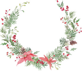 
Christmas watercolor wreath with poinsettia, holly berries, pine cones, mistletoe. Hand drawn floral illustration. Holiday background. Vector EPS.