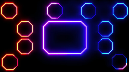 Row of glowing neon octagons with blue purple and orange colors on black.