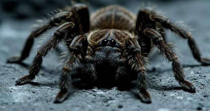 Tarantula spider crawling towards the camera on a gray surface.