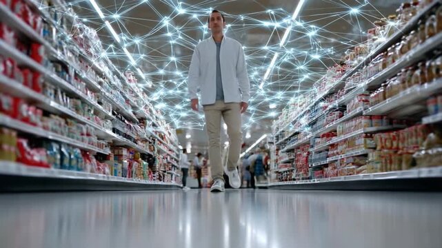 Navigating the Modern Market: A person confidently strides through a vast supermarket aisle, the overhead network of lines hinting at the sophisticated infrastructure supporting global commerce.