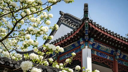 Fototapeta premium Spring Equinox Solar Term: Chinese Courtyard with White Flowers and Ancient Architecture, Cultural Travel Background