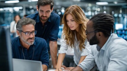 Collaboration and Innovation in Tech Team: A dynamic team of tech professionals converges around a digital interface, engrossed in collaborative problem-solving and innovation. - Powered by Adobe