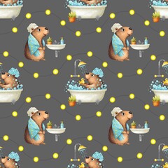 Part of the Capybara bath collection with matching patterns, animals and plants. Seamless pattern: cute capybara bathing in a bath with soapy foam, capybara in a towel and a shell on a gray background