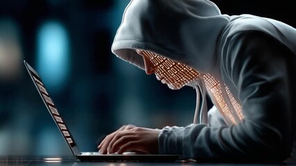 Cyber Intrusion: A hooded figure intensely focused on a laptop, representing the digital realm's shadowy side, embodies the dangers of cybersecurity and data breaches.