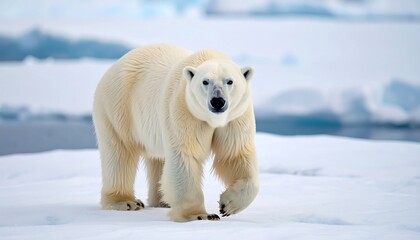 Polar bear walking on ice with icy landscape backdrop