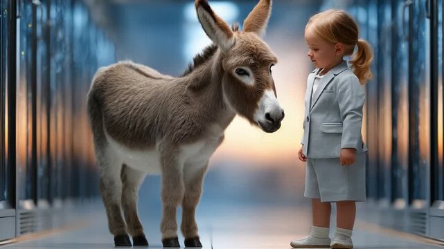 Unexpected Allies: A curious girl in a suit stares at a charming donkey in a brightly lit, futuristic setting, creating a sweet contrast and playful theme. 