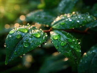 Stunning close up of vibrant green leaves glistening with fresh raindrops in soft golden light