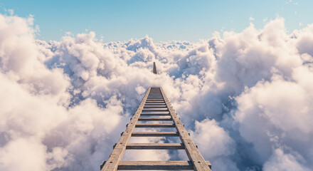 A ladder stretches upward through fluffy white clouds toward a bright blue sky, suggesting aspiration.