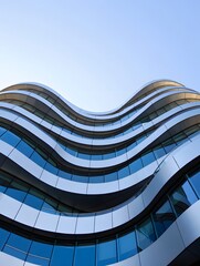 Modern architecture with curved lines and glass facade against a clear blue sky view from below