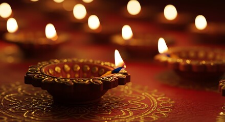 Lit clay diya lamps on red patterned cloth